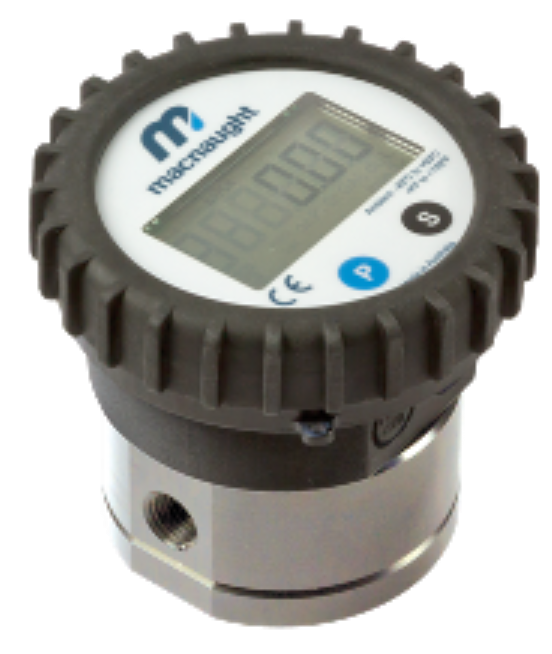 Flow meter with display showing flow rate and totaliser readings