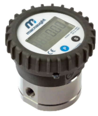 Flow meter with display showing flow rate and totaliser readings