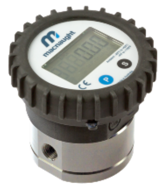 Flow meter with display showing flow rate and totaliser readings